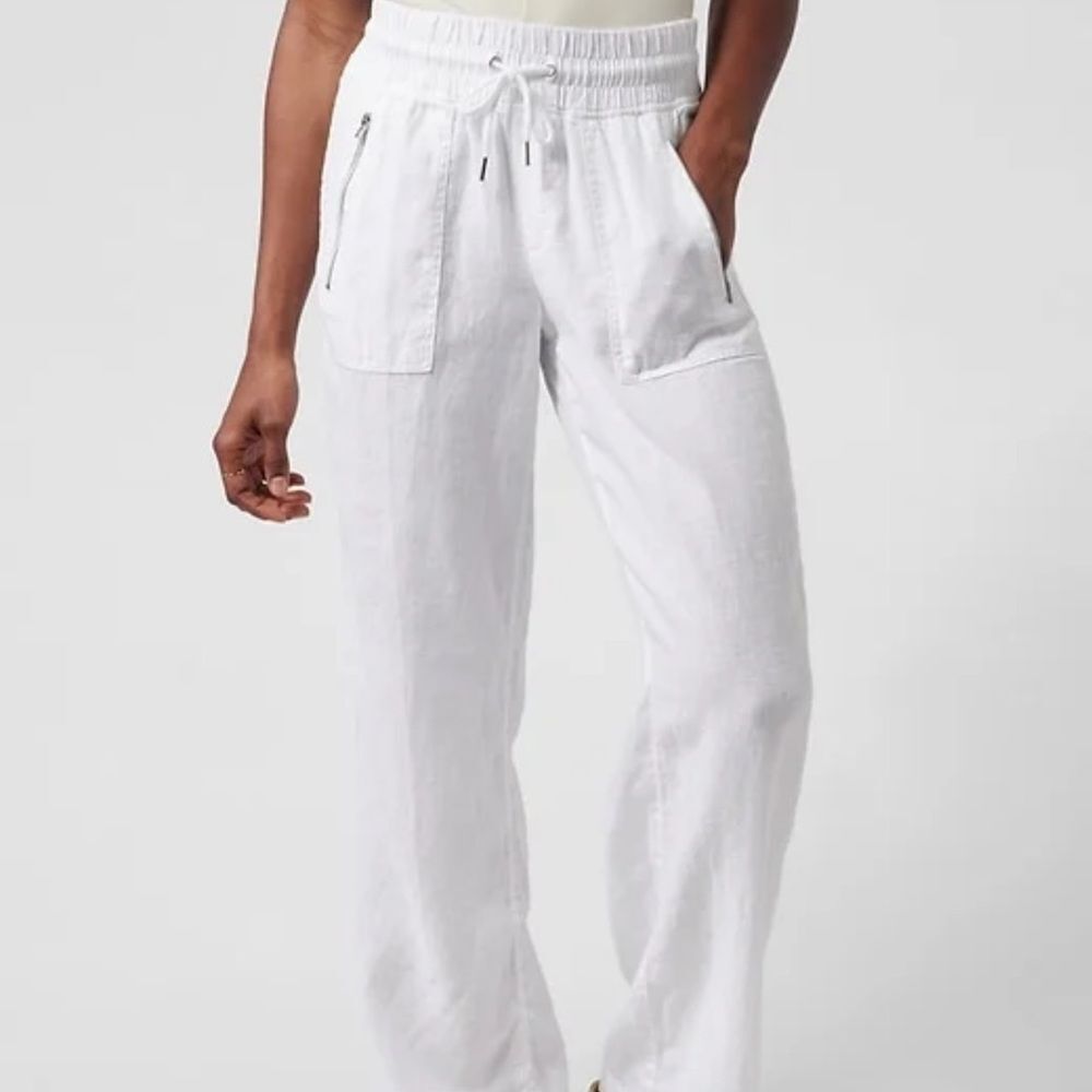 Athleta White Cabo Linen Wide Leg Pants with Zipper Pockets Size 2P